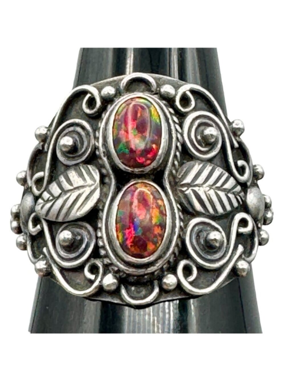 Vintage Sterling Silver Double Opal Ring Southwestern Ornate Setting Sz 8.25 - Picture 9 of 16